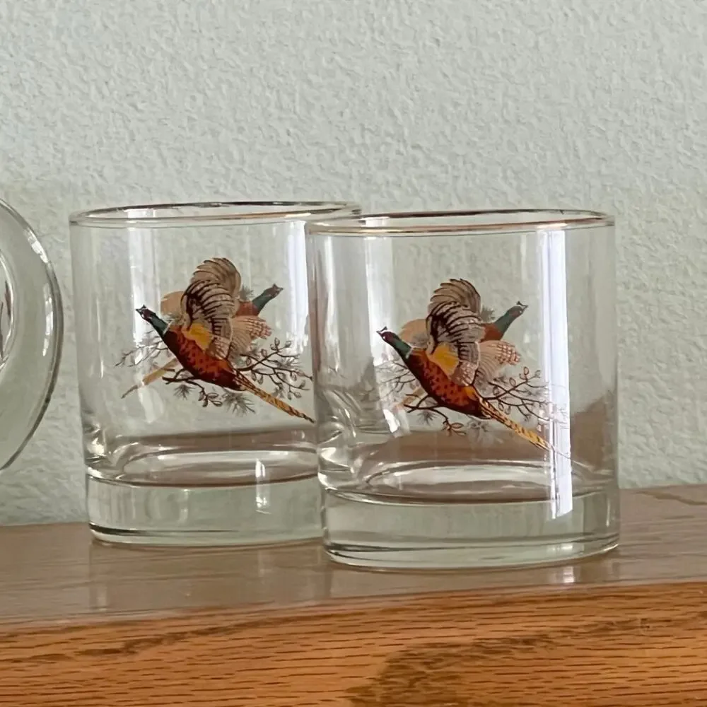 MCM West Virginia Glass Pheasants hand made juice pitcher and four juice glasses